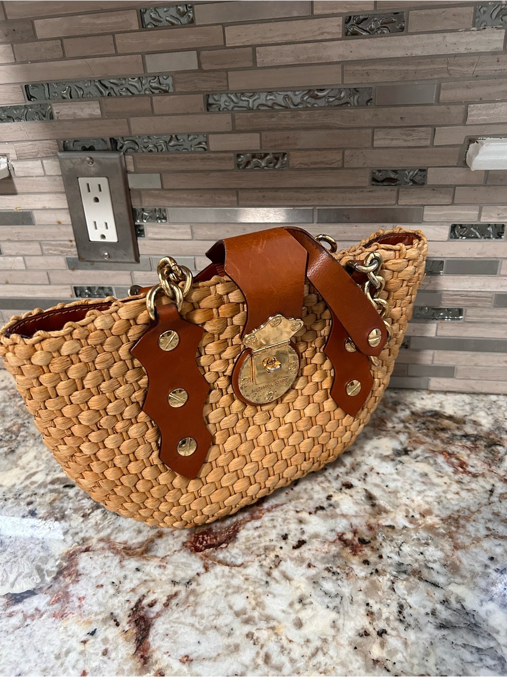 Michael Kors Woven Straw Tote with Brown Leather Trim and Gold Hardware/ rare - Picture 2 of 8